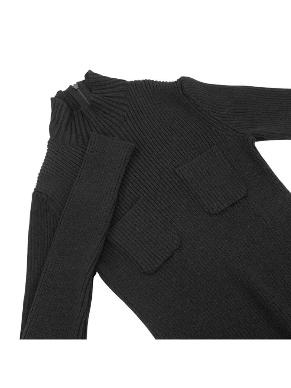 Chanel Dress Knit Long CC Logo Virgin Wool Sleeve Black